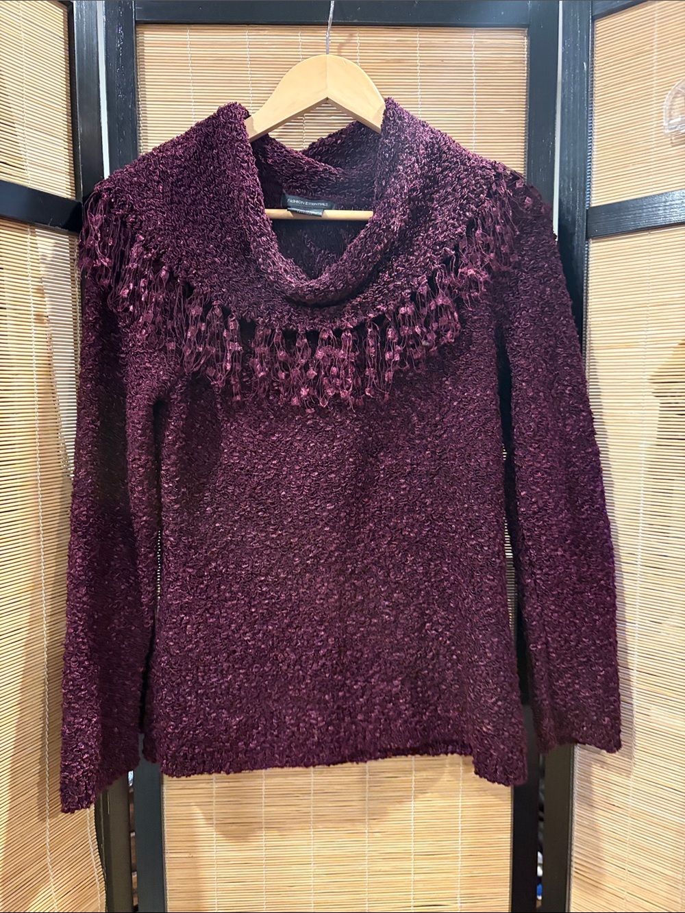 Fringed Cowl Neck Sweater - Deep Plum